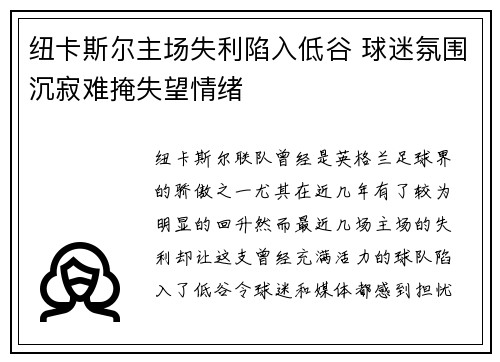纽卡斯尔主场失利陷入低谷 球迷氛围沉寂难掩失望情绪