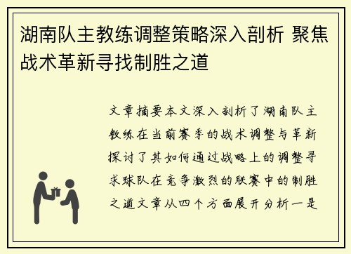 湖南队主教练调整策略深入剖析 聚焦战术革新寻找制胜之道