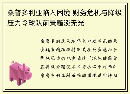 桑普多利亚陷入困境 财务危机与降级压力令球队前景黯淡无光