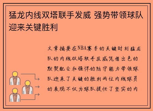 猛龙内线双塔联手发威 强势带领球队迎来关键胜利