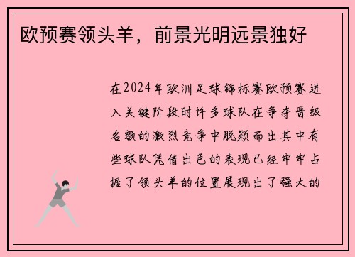 欧预赛领头羊，前景光明远景独好