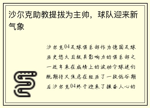 沙尔克助教提拔为主帅，球队迎来新气象