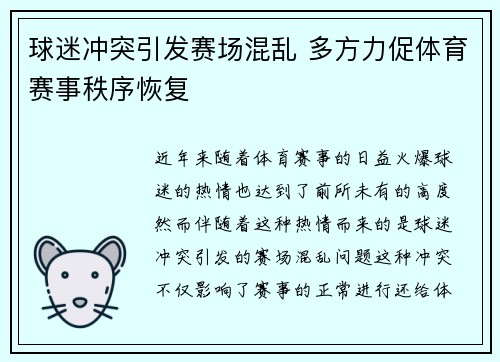 球迷冲突引发赛场混乱 多方力促体育赛事秩序恢复